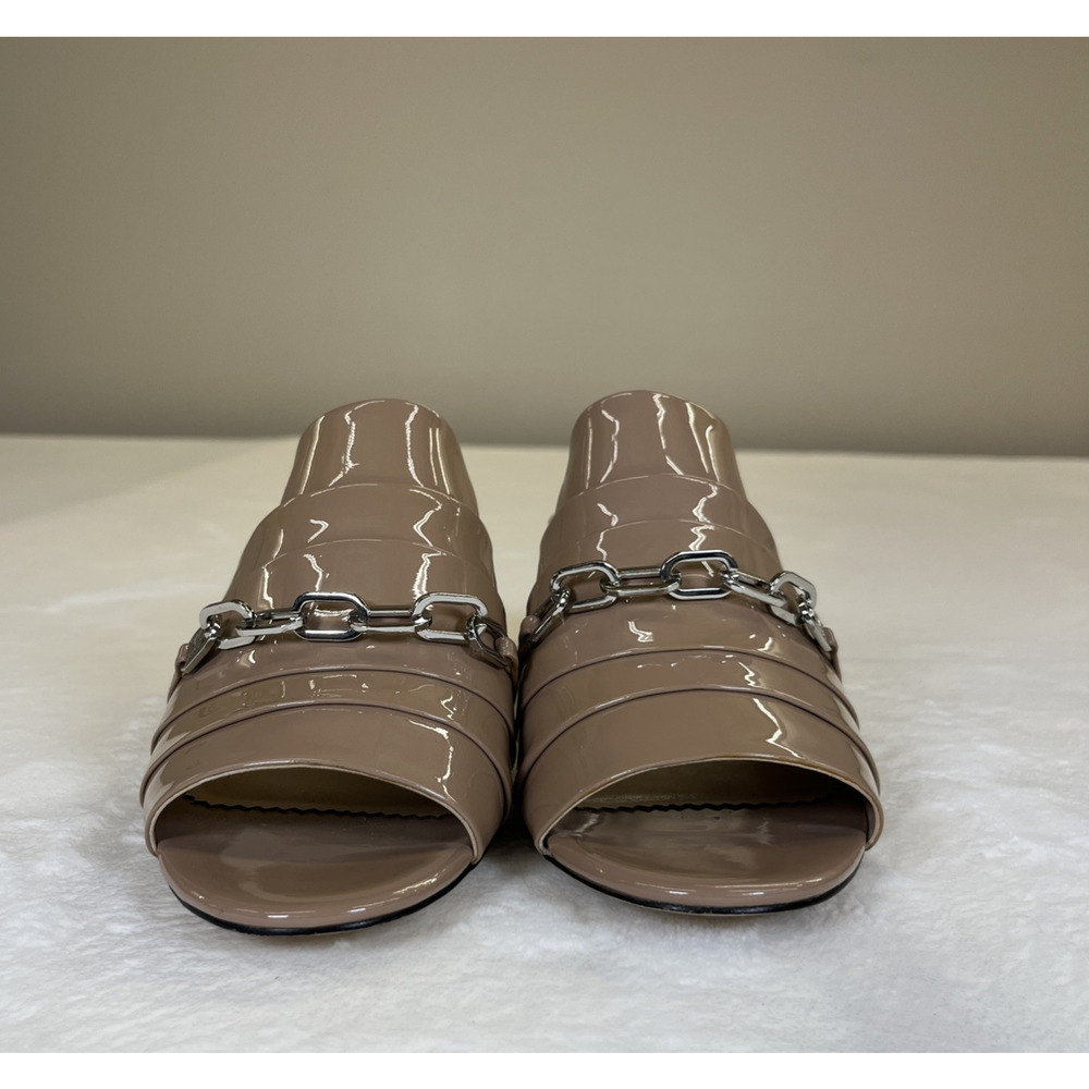 2pr Karl Lagerfeld Paris Mules Haley Patent Leather Black/Nude Chain Link Sz 10 - Picture 3 of 16